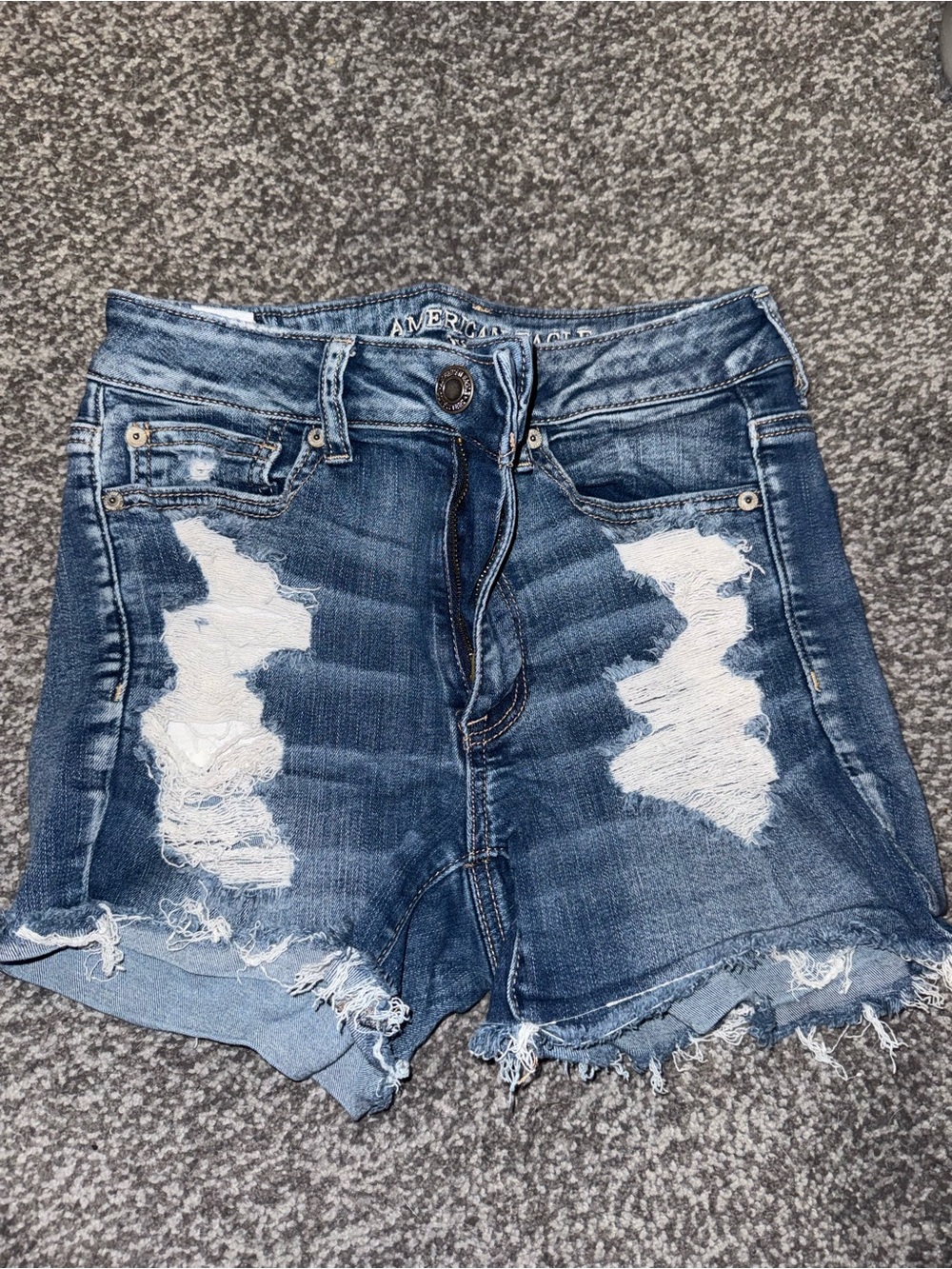 American Eagle Outfitters Distressed Blue High-Rise Shortie - Jean Shorts